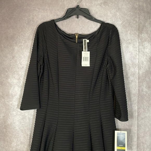 Julian Taylor New York Black Ribbed A-Line Dress Quarter Sleeves | Size 14 NWT - Picture 2 of 14